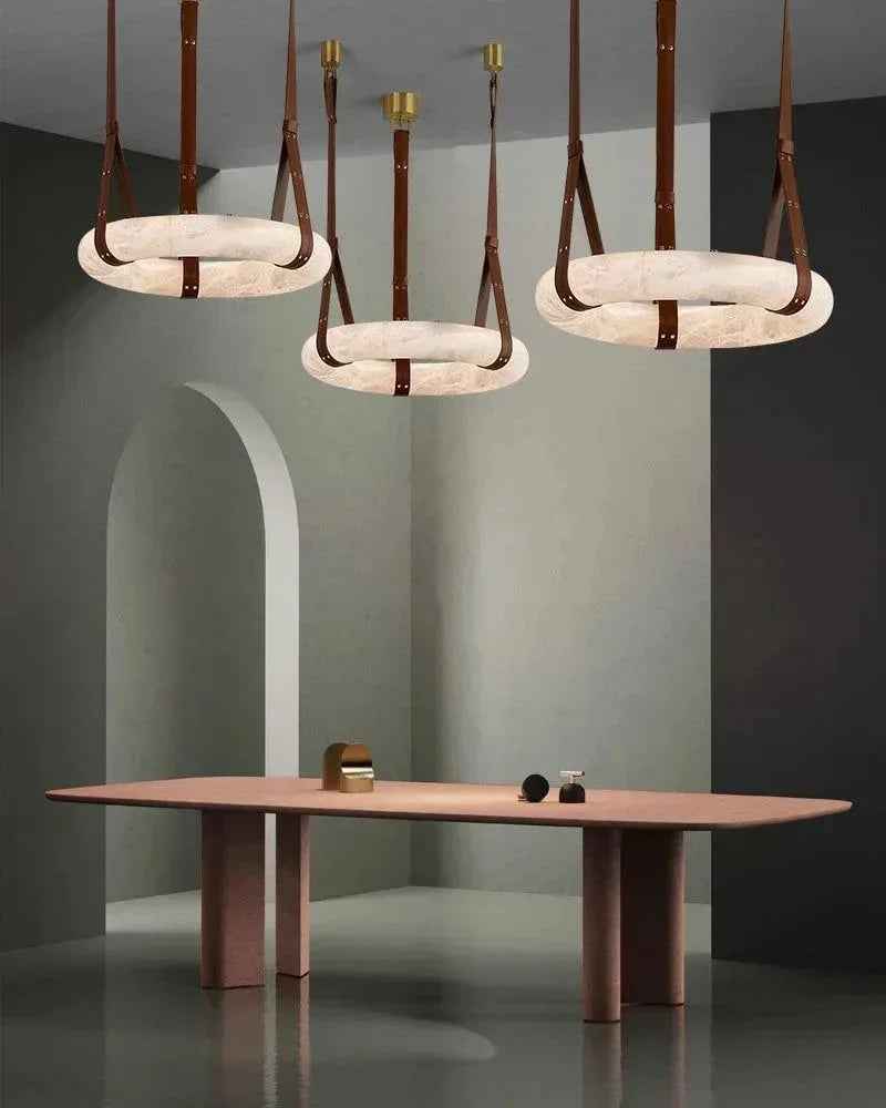 LightsStory Series Geometric Pendant Light | Oval Halo Ring Natural Alabaster Stone and Braided Leather, Matte Black and Brass for Modern Kitchen Islands and Dining Areas American chandelier