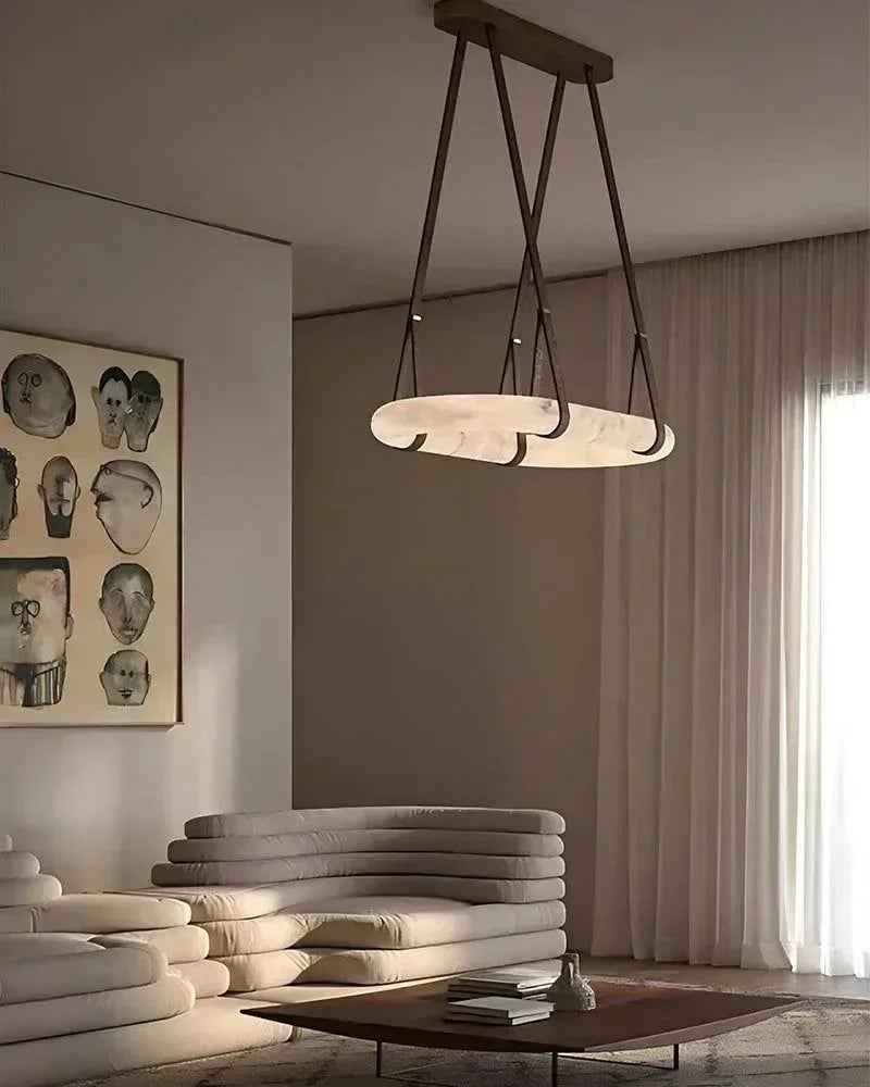 LightsStory Series Geometric Pendant Light | Oval Halo Ring Natural Alabaster Stone and Braided Leather, Matte Black and Brass for Living Rooms and Dining Areas American chandelier