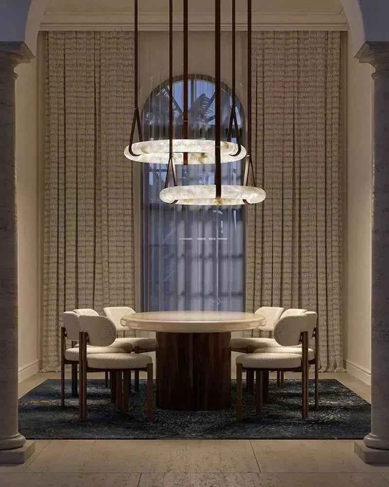 LightsStory Series Geometric Pendant Light | Oval Halo Ring Natural Alabaster Stone and Braided Leather, Matte Black and Brass for Living Rooms and Dining Areas American chandelier