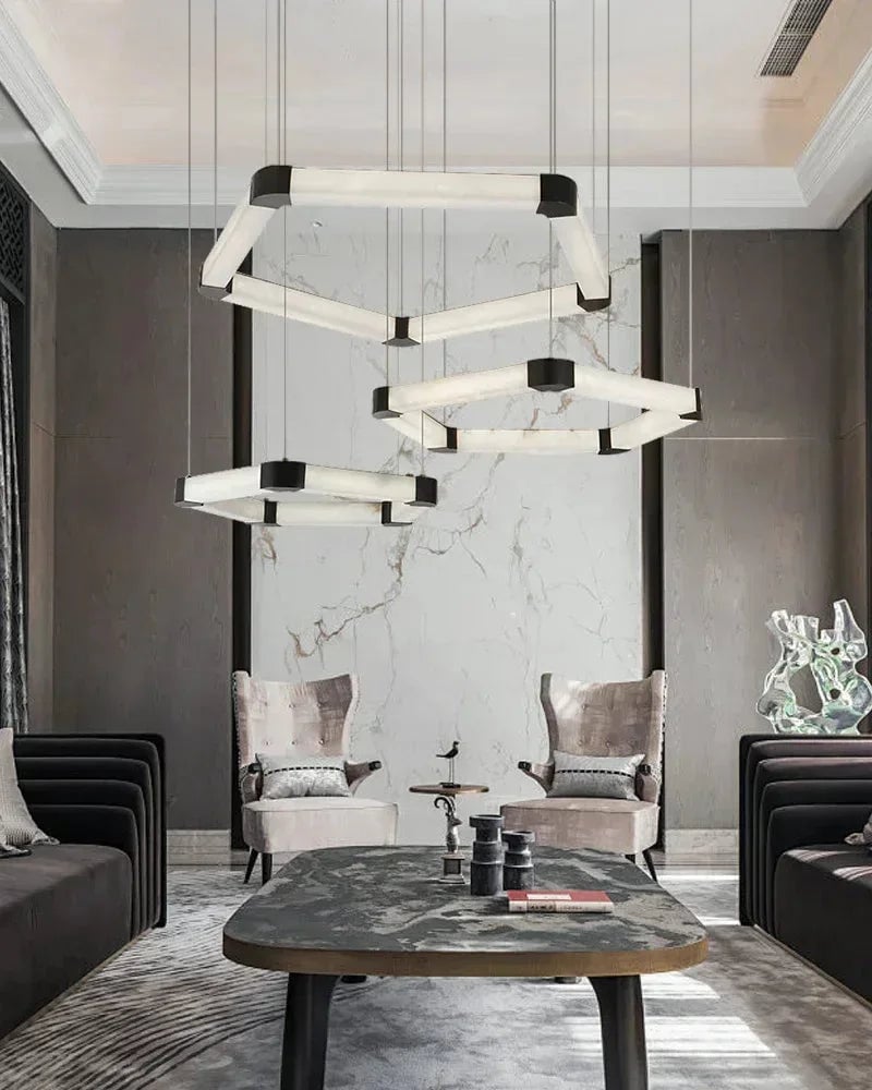 LightsStory Series Geometric Pendant Light | Pentagonal Linear Spanish Marble and Polished Stainless Steel, Polished Stainless Steel for Dining Rooms, Lobbies, and Offices American Vintage chandelier lamp