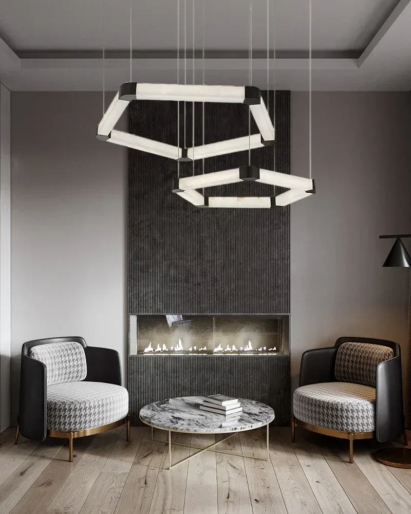 LightsStory Series Geometric Pendant Light | Pentagonal Linear Spanish Marble and Polished Stainless Steel, Polished Stainless Steel for Dining Rooms, Lobbies, and Offices American Vintage chandelier lamp