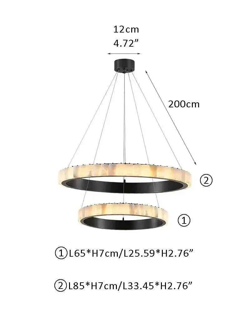LightsStory Series Geometric Pendant Light | Round Ring Hand-finished natural alabaster columns and sustainable marble detailing, Black and glossy gold finish for Entryways and dining areas D65*7+D85*7CM D25.59*H2.76"+D33.46*H2.76" Black + White American chandelier