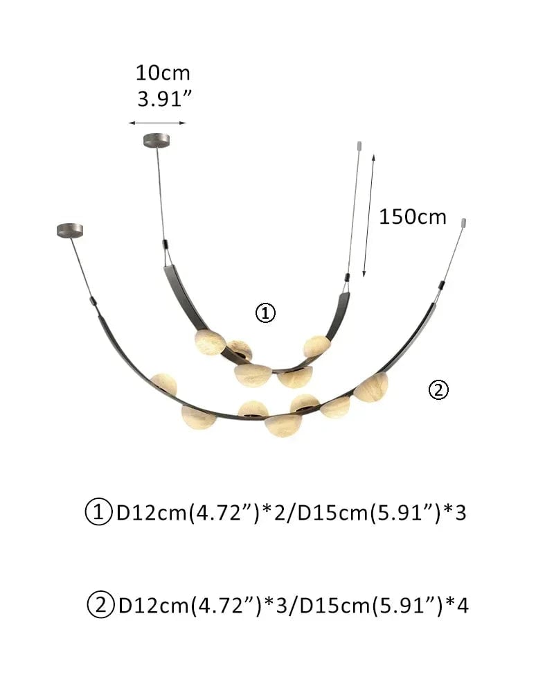 LightsStory Series Geometric Pendant Light | Semicircular Marble Diffuser Supple Leather, Natural Marble, and Raw Metal, Raw Metal finish for Modern Farmhouses and Minimalist Dining Spaces B-D12cm(4.72")*4+D15cm(5.91")*3-Double belts(24 globes) White + Black Modern Pendant lamp