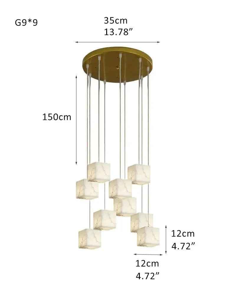 LightsStory Series Geometric Pendant Light | Square Cube Cluster Natural Spanish Alabaster, Natural Stone Texture for Dining Rooms and Modern Living Spaces 9-light-D12*H12cm D4.72*H4.72" White + Gold Modern Pendant lamp