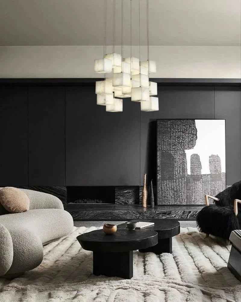 LightsStory Series Geometric Pendant Light | Square Cube Cluster Natural Spanish Alabaster, Natural Stone Texture for Dining Rooms and Modern Living Spaces Modern Pendant lamp
