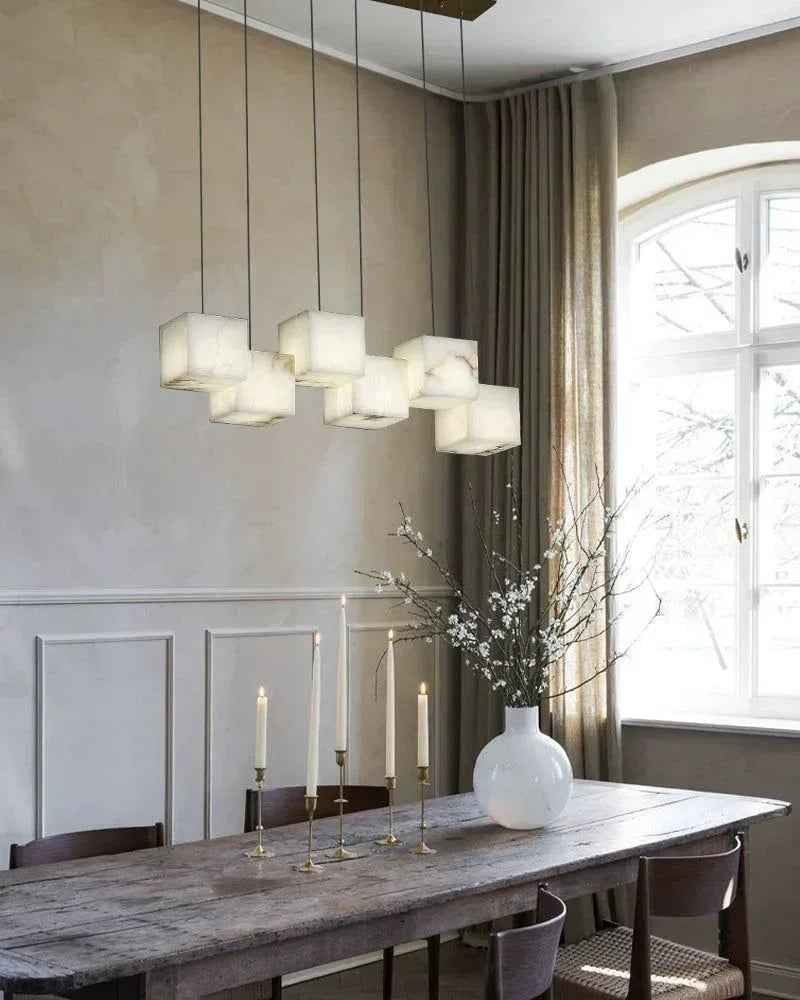 LightsStory Series Geometric Pendant Light | Square Cube Cluster Natural Spanish Alabaster, Natural Stone Texture for Dining Rooms and Modern Living Spaces Modern Pendant lamp