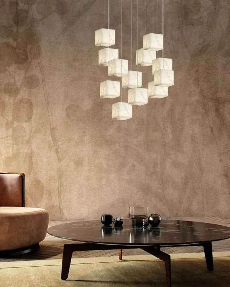 LightsStory Series Geometric Pendant Light | Square Cube Cluster Natural Spanish Alabaster, Natural Stone Texture for Dining Rooms and Modern Living Spaces Modern Pendant lamp