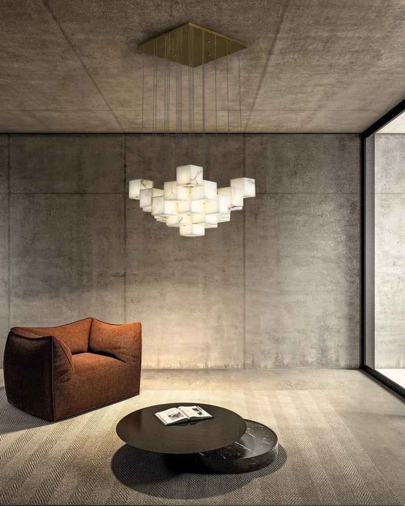 LightsStory Series Geometric Pendant Light | Square Cube Cluster Natural Spanish Alabaster, Natural Stone Texture for Dining Rooms and Modern Living Spaces Modern Pendant lamp