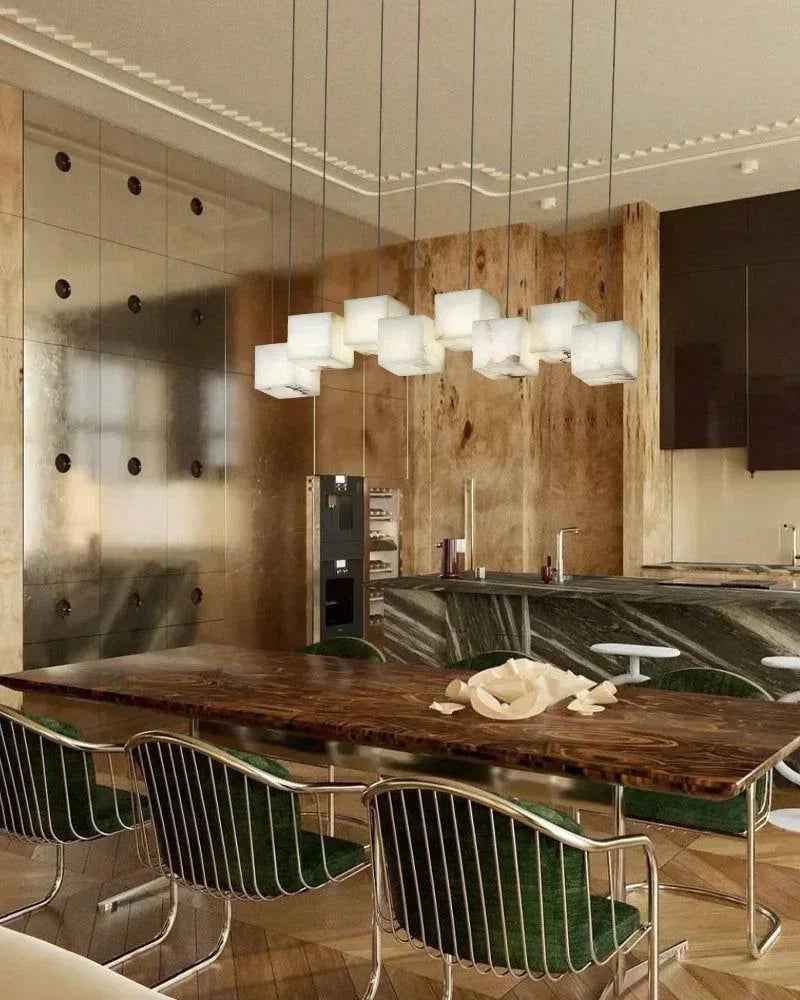 LightsStory Series Geometric Pendant Light | Square Cube Cluster Natural Spanish Alabaster, Natural Stone Texture for Dining Rooms and Modern Living Spaces Modern Pendant lamp