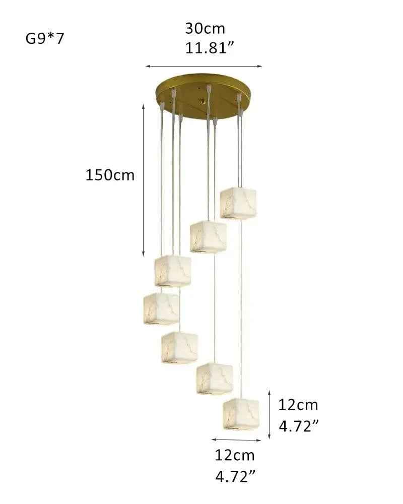 LightsStory Series Geometric Pendant Light | Square Cube Cluster Natural Spanish Alabaster, Natural Stone Texture for Dining Rooms and Modern Living Spaces 7-light-D12*H12cm D4.72*H4.72" White + Gold Modern Pendant lamp