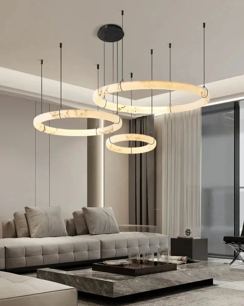 LightsStory Series Geometric Pendant Light | Triple Ring Natural Alabaster and Matte Black Metal, Matte Black finish for Kitchen Islands and Dining Rooms Modern Pendant lamp