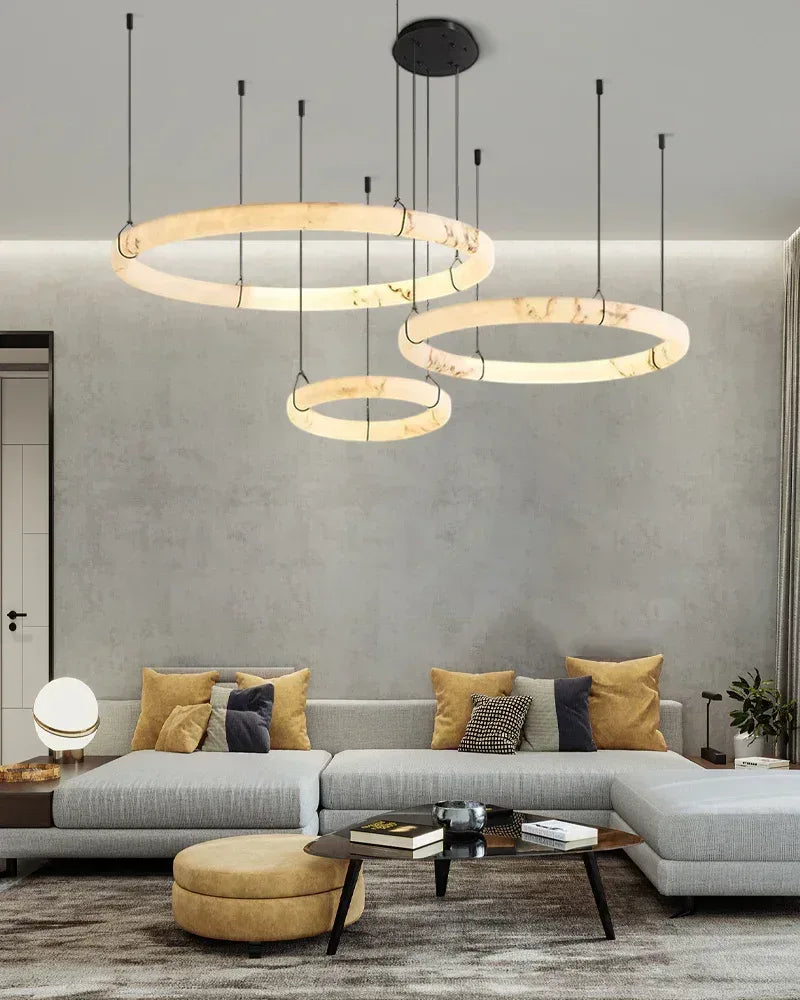 LightsStory Series Geometric Pendant Light | Triple Ring Textured Natural Alabaster and Durable Metal, Matte Black finish for Kitchen Islands and Dining Areas Vintage Simple Pendant Lamp