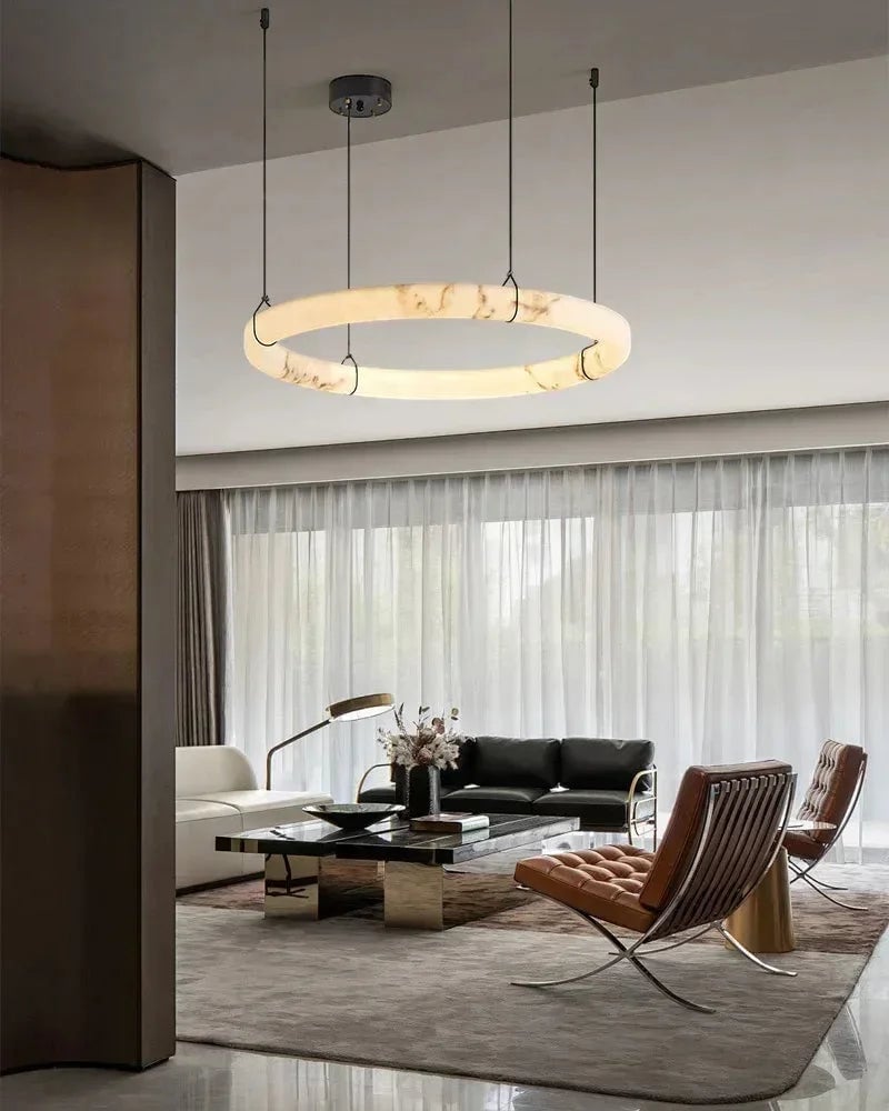 LightsStory Series Geometric Pendant Light | Triple Round Ring Natural Alabaster and Durable Metal, Matte Black finish for Kitchen Islands and Dining Rooms Vintage Simple Pendant Lamp