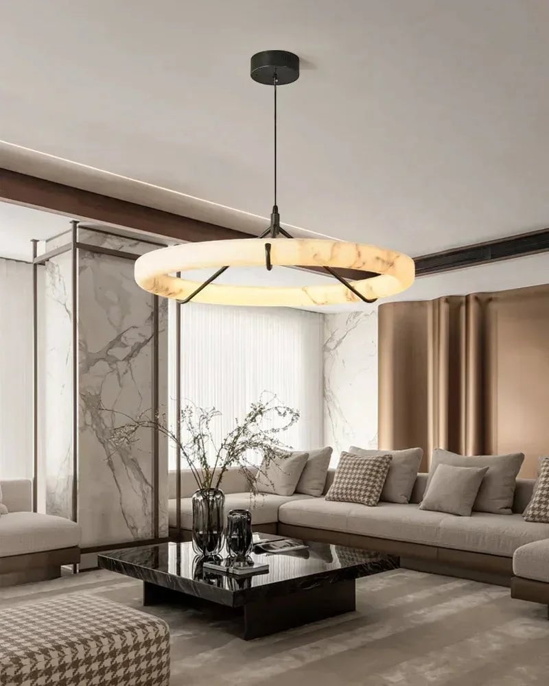 LightsStory Series Geometric Pendant Light | Triple Round Ring Natural Alabaster and Durable Metal, Matte Black finish for Kitchen Islands and Dining Rooms Vintage Simple Pendant Lamp