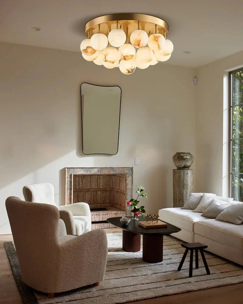 LightsStory Series Geometric Semi-Flush Ceiling Light | Dome Faux Alabaster ring and etched Opal stone globe, Soft Brass finish for Dining rooms, bedrooms, living spaces, and entryways Flush Mounted Ceiling Lamp