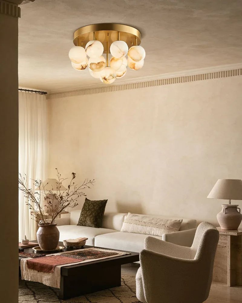 LightsStory Series Geometric Semi-Flush Ceiling Light | Dome Faux Alabaster ring and etched Opal stone globe, Soft Brass finish for Dining rooms, bedrooms, living spaces, and entryways Flush Mounted Ceiling Lamp