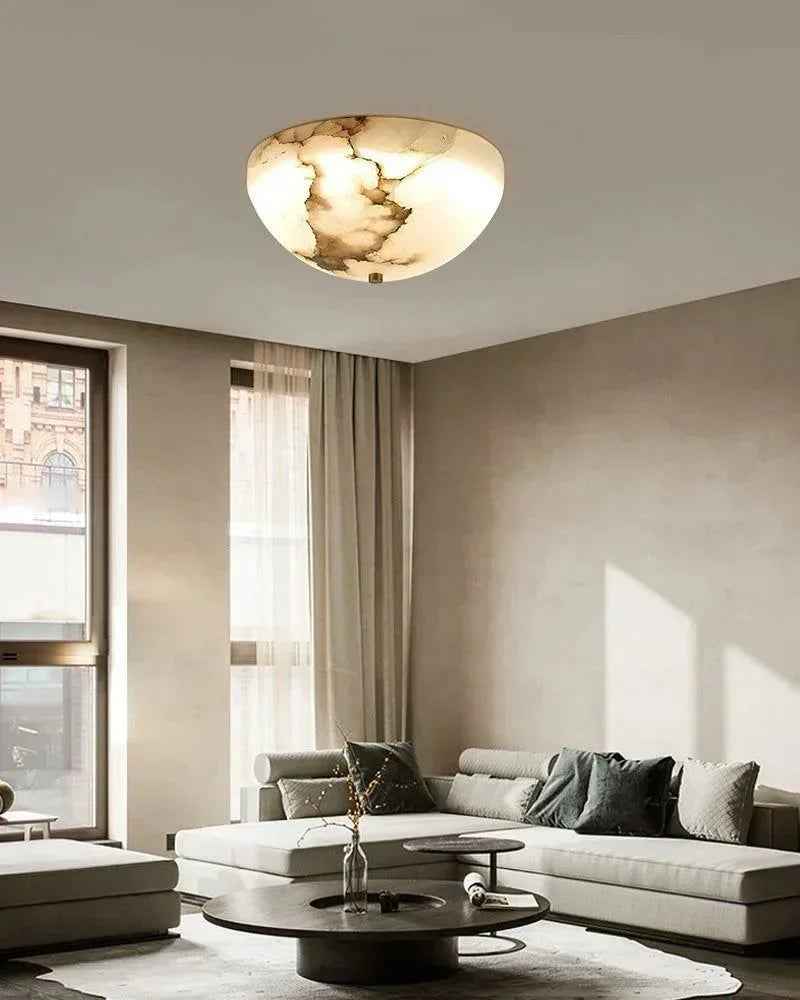 LightsStory Series Geometric Semi-Flush Ceiling Light | Round Bowl Natural Alabaster Shade with Timeless Brass Frame, Brushed Brass finish for Living Rooms, Dining Areas, and Hallways