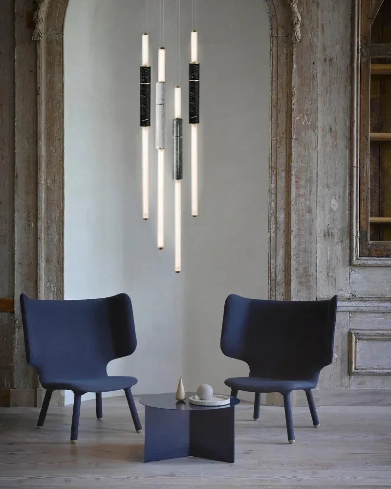 LightsStory Series Geometric Suspension Light | Four-Pipe Linear Polished marble and frosted glass with solid brass and aluminum, Silver Anodised, Green, and Black finish for Living and Dining Spaces Modern Pendant lamp