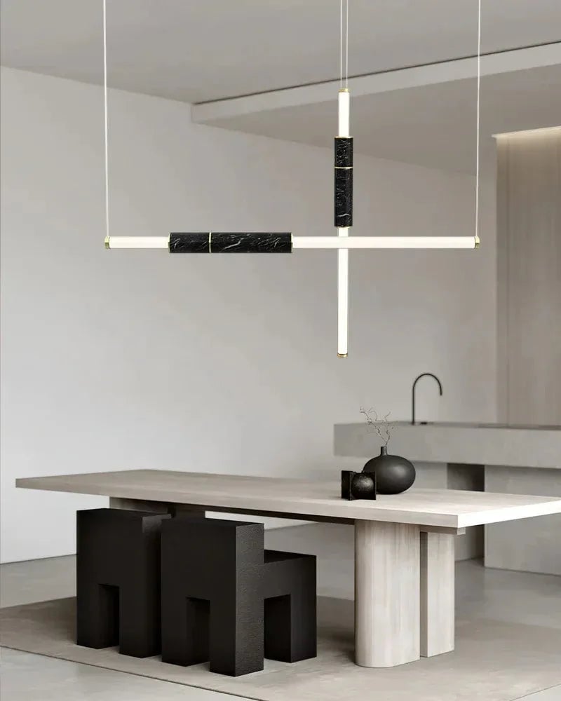LightsStory Series Geometric Suspension Light | Four-Pipe Linear Polished marble and frosted glass with solid brass and aluminum, Silver Anodised, Green, and Black finish for Living and Dining Spaces Modern Pendant lamp