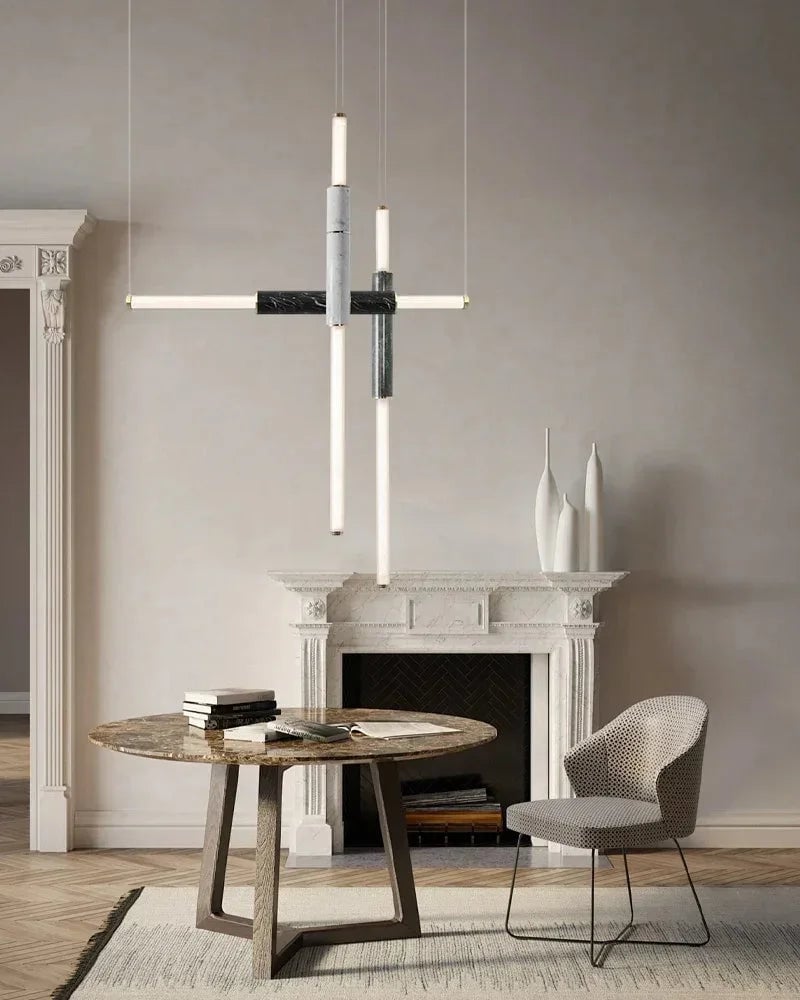 LightsStory Series Geometric Suspension Light | Four-Pipe Linear Polished marble and frosted glass with solid brass and aluminum, Silver Anodised, Green, and Black finish for Living and Dining Spaces Modern Pendant lamp