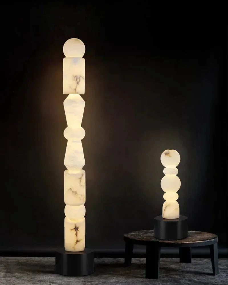 LightsStory Series Geometric Table Lamp | 5-Tier Hand-stacked White Alabaster and Black Marble Base, Natural Stone finish for Living rooms and bedrooms Modern Designer Floor Lamp