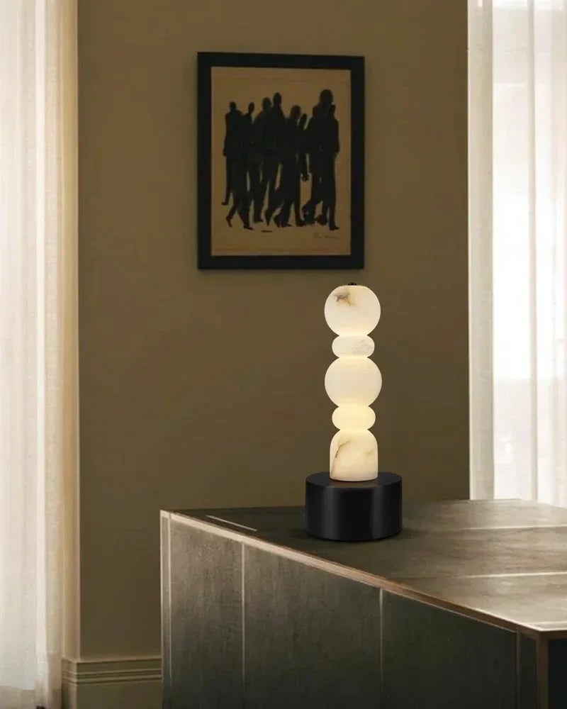LightsStory Series Geometric Table Lamp | 5-Tier Hand-stacked White Alabaster and Black Marble Base, Natural Stone finish for Living rooms and bedrooms Modern Designer Floor Lamp
