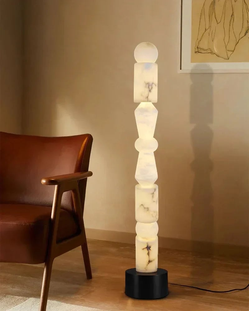 LightsStory Series Geometric Table Lamp | 5-Tier Hand-stacked White Alabaster and Black Marble Base, Natural Stone finish for Living rooms and bedrooms Modern Designer Floor Lamp