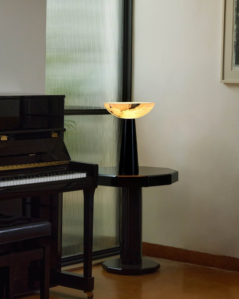 LightsStory Series Alabaster Bowl Geometric Table Lamp with a Conical Base, Polished Spanish Stone in Matte Black finish for Bedrooms, Living Rooms, and Entryways Modern Table lamp