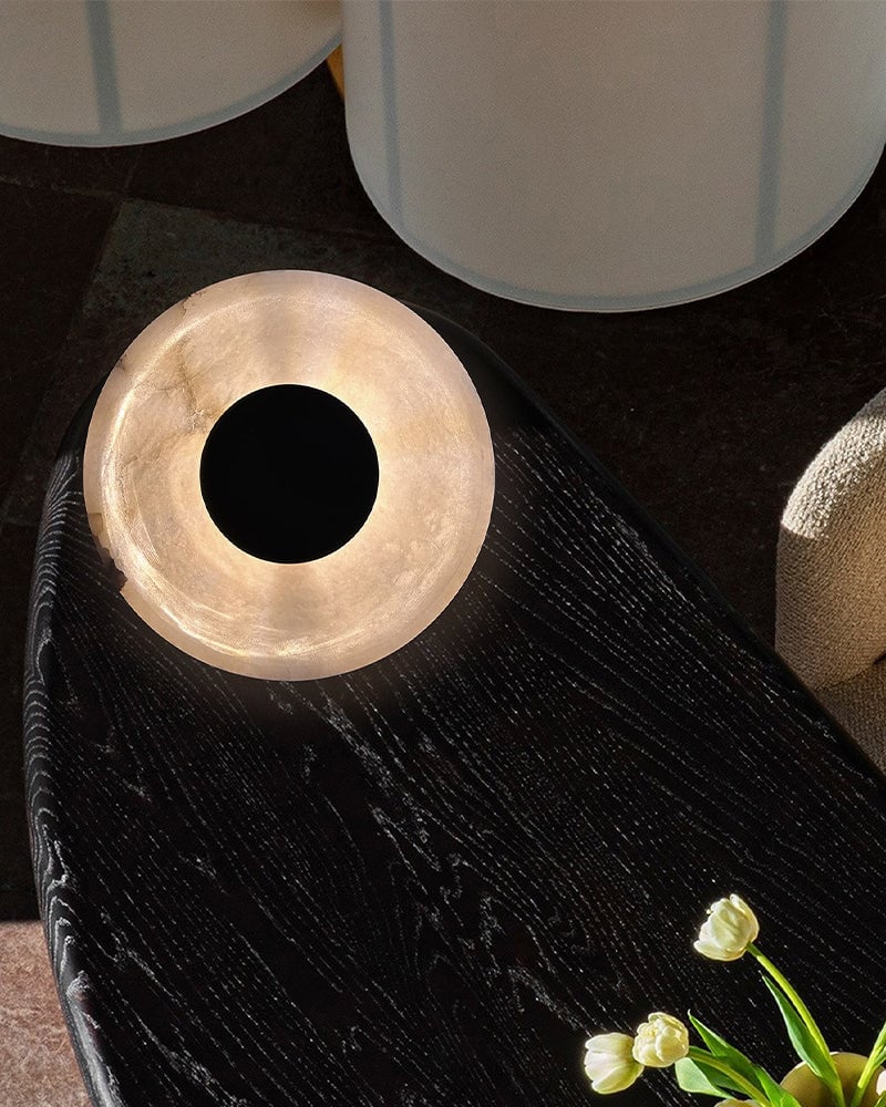 LightsStory Series Alabaster Bowl Geometric Table Lamp with a Conical Base, Polished Spanish Stone in Matte Black finish for Bedrooms, Living Rooms, and Entryways Modern Table lamp