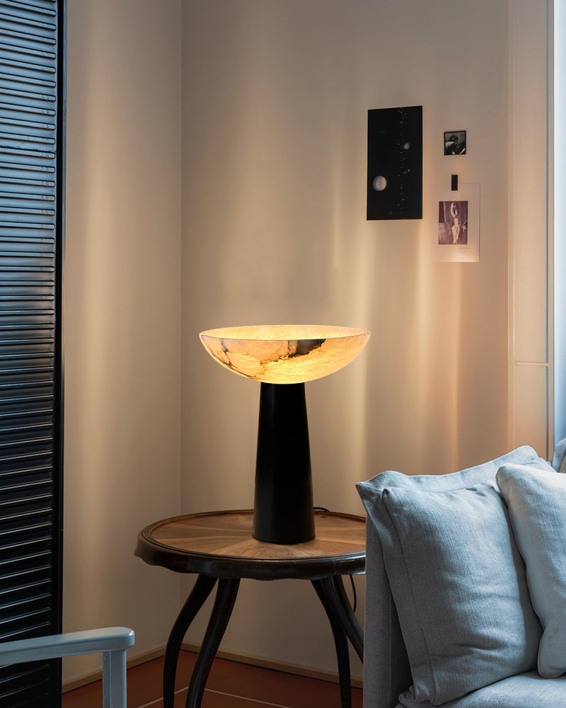 LightsStory Series Alabaster Bowl Geometric Table Lamp with a Conical Base, Polished Spanish Stone in Matte Black finish for Bedrooms, Living Rooms, and Entryways Modern Table lamp