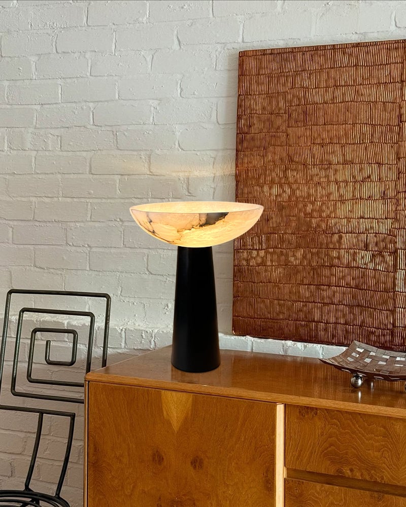 LightsStory Series Alabaster Bowl Geometric Table Lamp with a Conical Base, Polished Spanish Stone in Matte Black finish for Bedrooms, Living Rooms, and Entryways Modern Table lamp