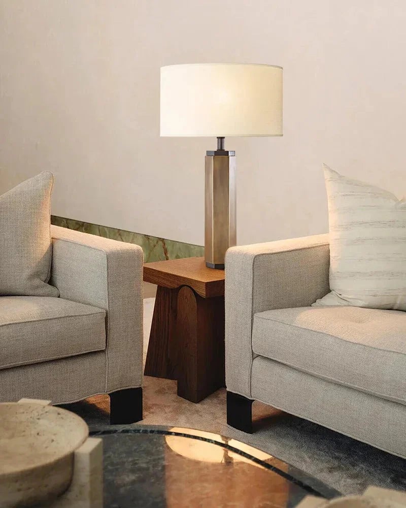 LightsStory Series Geometric Table Lamp | Hexagonal Column Solid Brass and Black Metal with Fabric Linen Lampshade, Matte Black and Polished Brass finish for Modern Home Offices and Bedside Tables Vintage table lamp