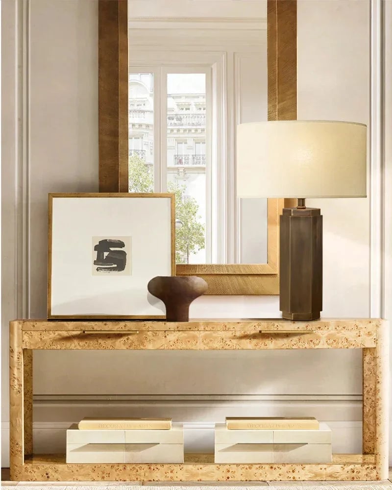 LightsStory Series Geometric Table Lamp | Hexagonal Column Solid Brass and Black Metal with Fabric Linen Lampshade, Matte Black and Polished Brass finish for Modern Home Offices and Bedside Tables Vintage table lamp