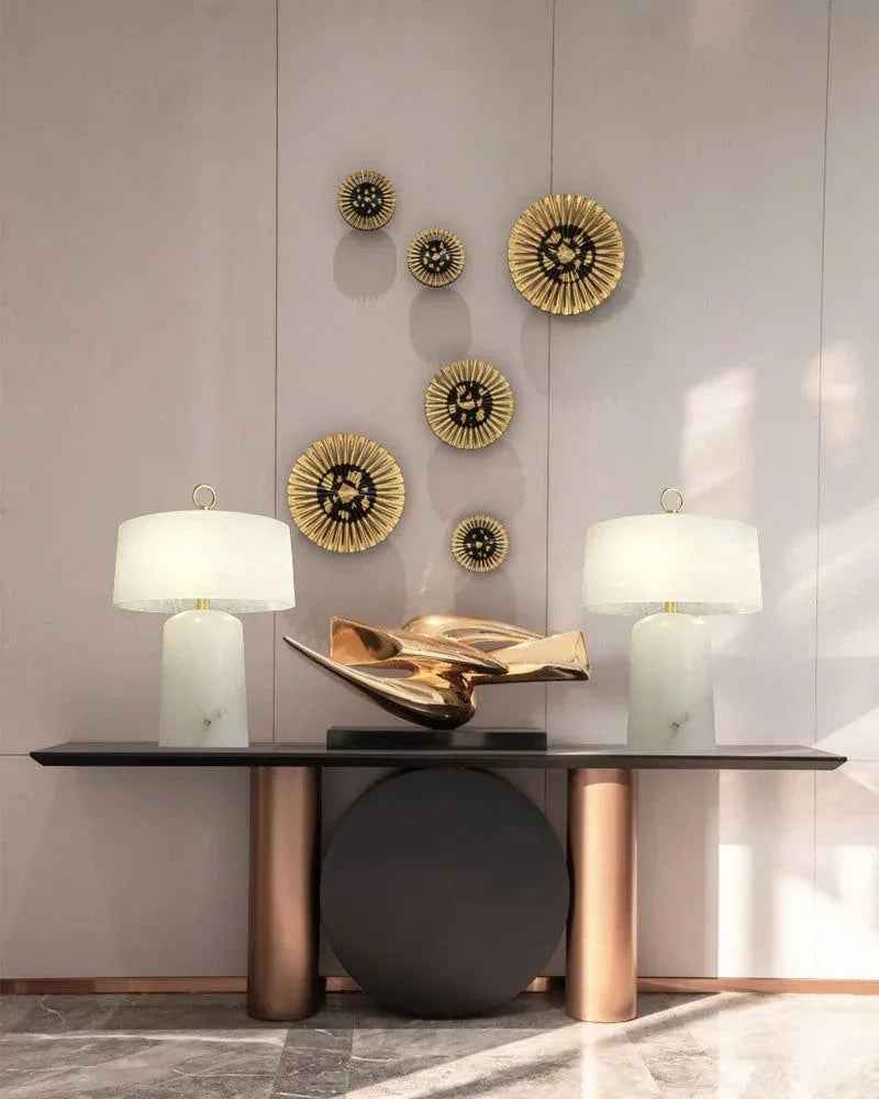 LightsStory Series Geometric Table Lamp | Round Alabaster Shade Handcrafted Natural Alabaster Stone, Polished Copper for Bedside Tables and Sideboards Table lamp