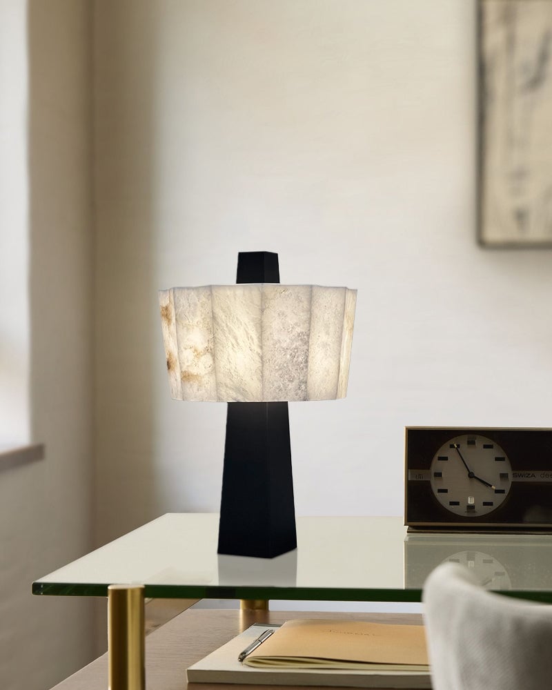 LightsStory Series Geometric Table Lamp | Sculptural Minimalism Hand-carved Spanish Nature Alabaster, Black Stainless Steel finish for Bedside Tables and Living Room Accents Modern Table lamp