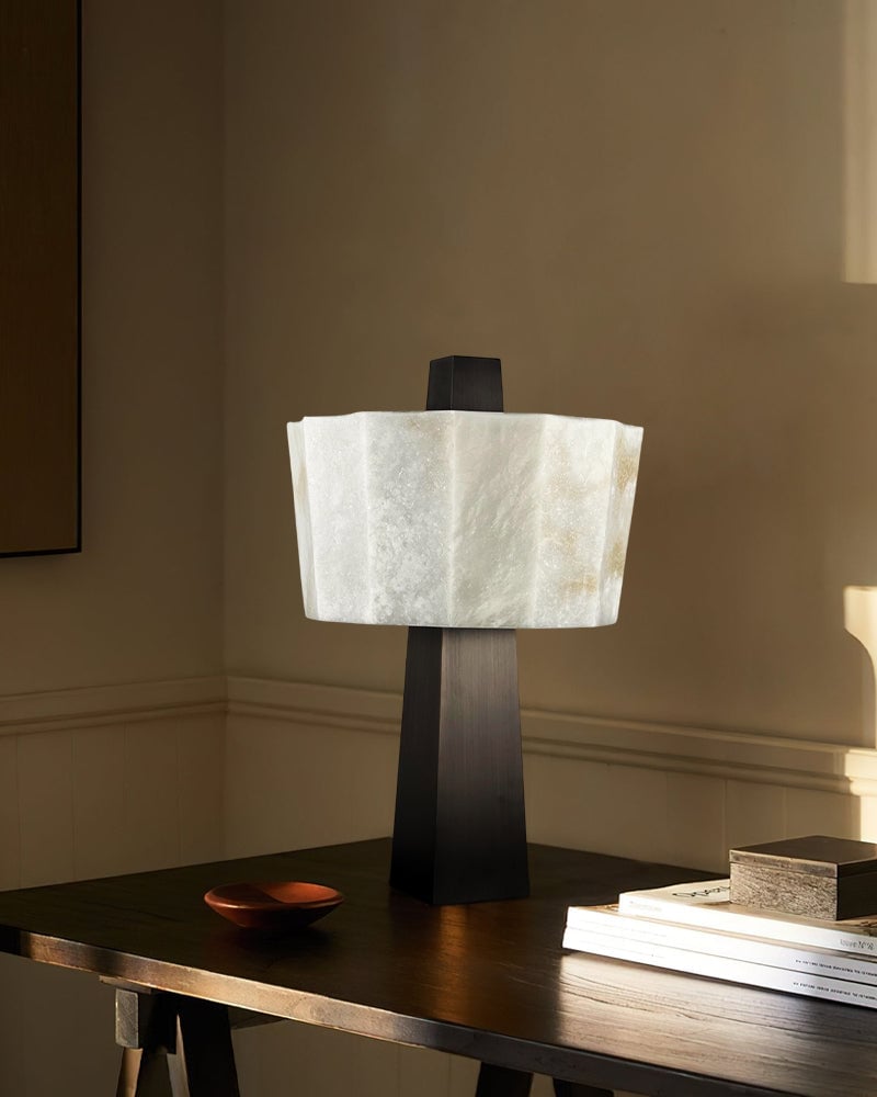 LightsStory Series Geometric Table Lamp | Sculptural Minimalism Hand-carved Spanish Nature Alabaster, Black Stainless Steel finish for Bedside Tables and Living Room Accents Modern Table lamp
