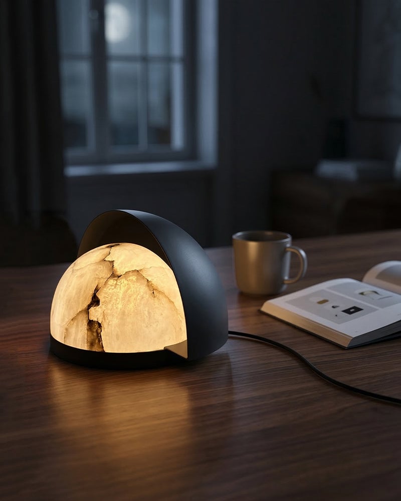 LightsStory Series Alabaster Dome Geometric Table Lamp. Hand-Carved Natural Alabaster Sphere. Matte Black metal finish for Side Tables, Mantels, or Nightstands Modern Table lamp