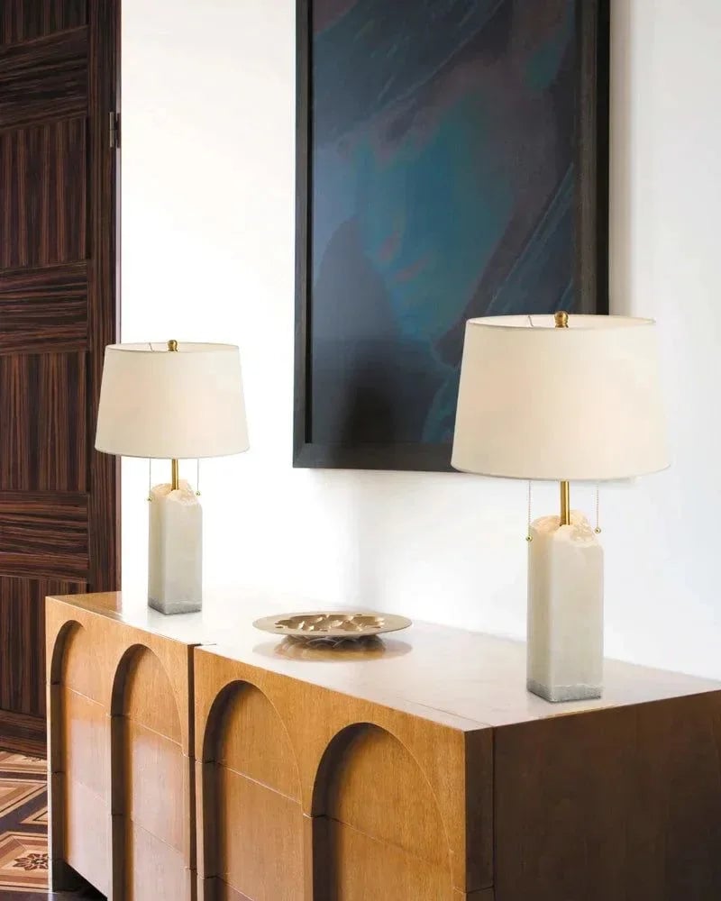LightsStory Series Geometric Table Lamp | Square Silhouette Raw white alabaster blocks with organic veining, Unpolished stone base with brass accents for Living rooms and bedrooms Modern Table lamp
