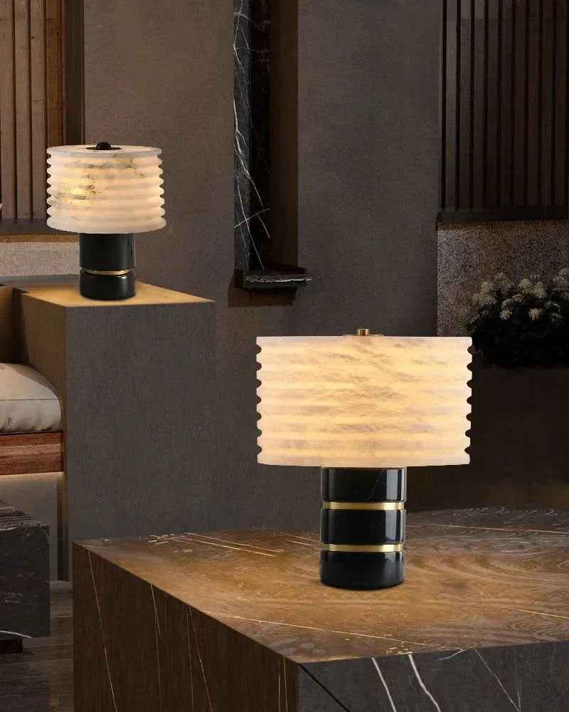 LightsStory Series Geometric Table Lamp | Symmetrical Cloud Stone Hand-Carved Cloud Stone Alabaster, Rustic-Modern Matte Finish for Nightstands, Shelves, and Consoles Vintage Simple Table Lamp