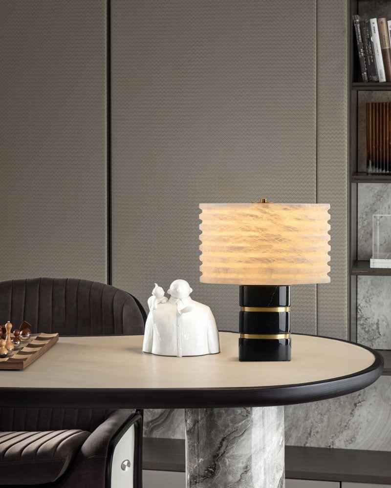 LightsStory Series Geometric Table Lamp | Symmetrical Cloud Stone Hand-Carved Cloud Stone Alabaster, Rustic-Modern Matte Finish for Nightstands, Shelves, and Consoles Vintage Simple Table Lamp