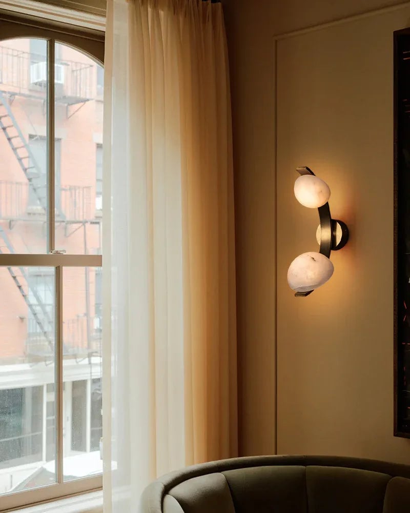 LightsStory Series Geometric Wall Lamp | Double Alabaster Disc Natural Alabaster Stone, Antique Brass and Black Hardware for Vanity Areas and Bedside Suites Modern Art Design Wall Lamp