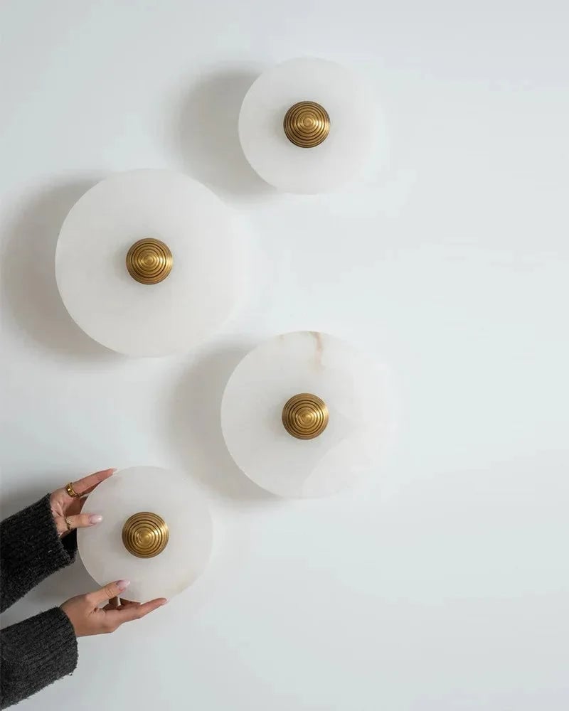 LightsStory Series Geometric Wall Lamp | Round Alabaster Natural veined alabaster planes and polished fluted brass, Polished fluted brass finish for Sophisticated living spaces and bedside accents Modern Art Design Wall Lamp