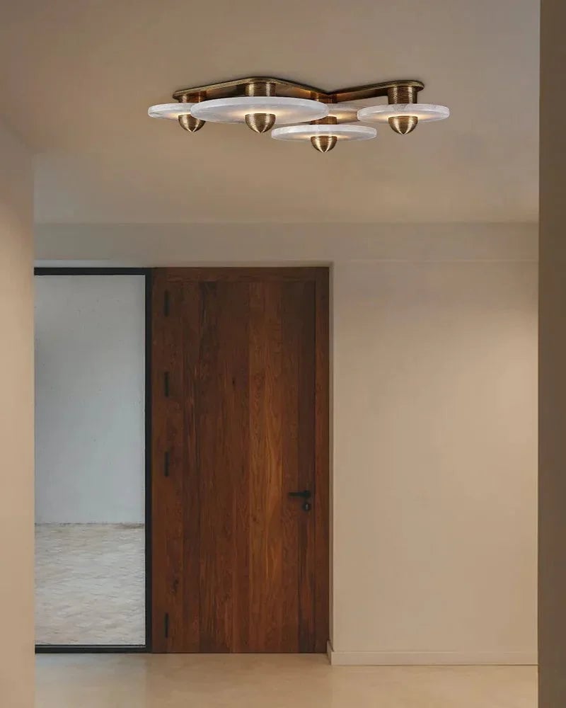 LightsStory Series Geometric Wall Lamp | Round Alabaster Natural veined alabaster planes and polished fluted brass, Polished fluted brass finish for Sophisticated living spaces and bedside accents Modern Art Design Wall Lamp