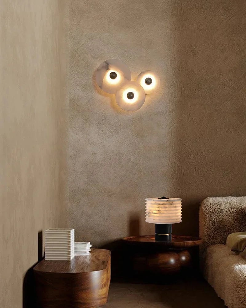 LightsStory Series Geometric Wall Lamp | Round Alabaster Natural veined alabaster planes and polished fluted brass, Polished fluted brass finish for Sophisticated living spaces and bedside accents Modern Art Design Wall Lamp
