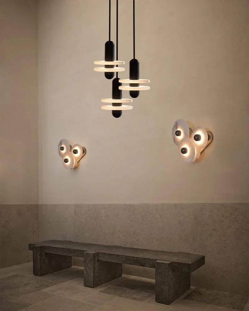 LightsStory Series Geometric Wall Lamp | Round Alabaster Natural veined alabaster planes and polished fluted brass, Polished fluted brass finish for Sophisticated living spaces and bedside accents Modern Art Design Wall Lamp