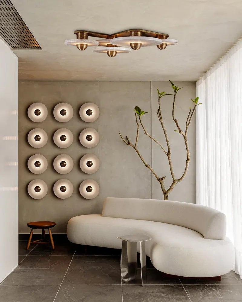 LightsStory Series Geometric Wall Lamp | Round Alabaster Natural veined alabaster planes and polished fluted brass, Polished fluted brass finish for Sophisticated living spaces and bedside accents Modern Art Design Wall Lamp