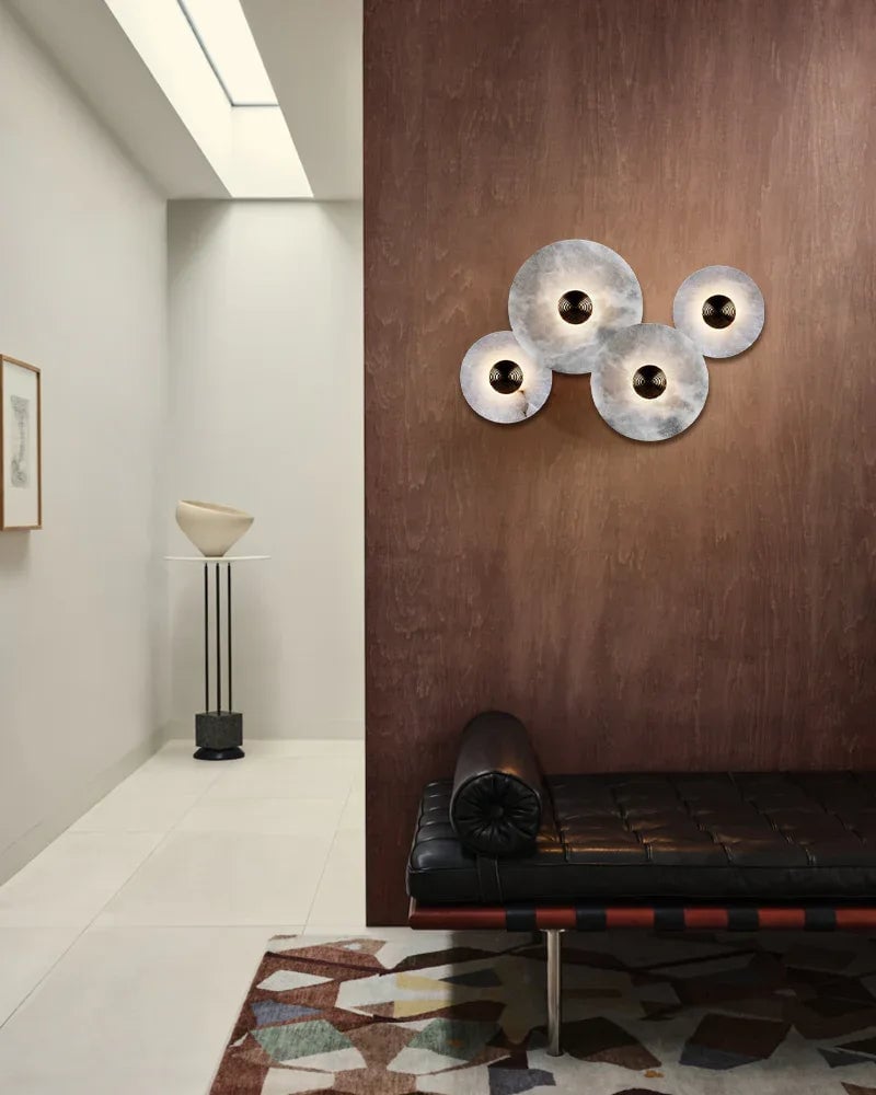 LightsStory Series Geometric Wall Lamp | Round Alabaster Natural veined alabaster planes and polished fluted brass, Polished fluted brass finish for Sophisticated living spaces and bedside accents Modern Art Design Wall Lamp