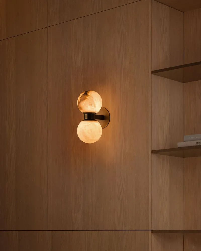 LightsStory Series Geometric Wall Light | Dual Globe Handcrafted Natural Alabaster, Sleek Brass and Black Metal for Bedrooms, Hallways, and Dining Spaces Modern Art Design Wall Lamp