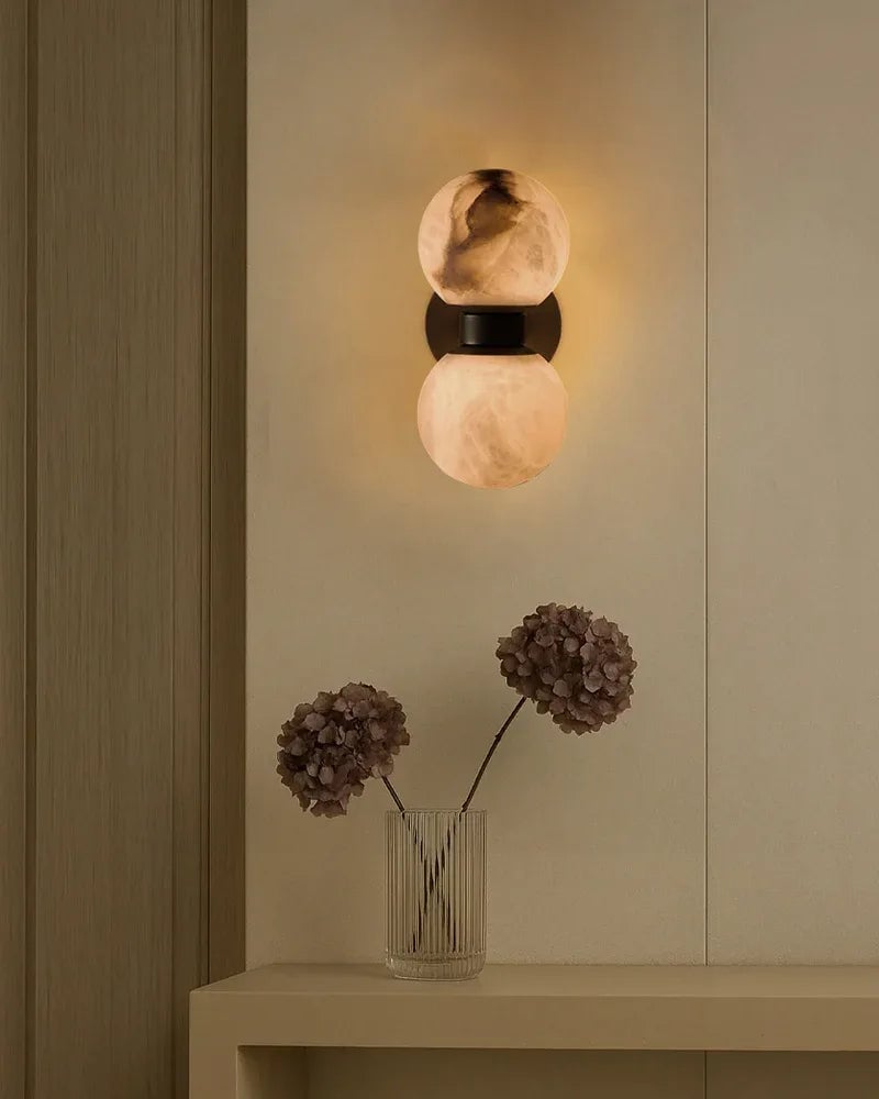 LightsStory Series Geometric Wall Light | Dual Globe Handcrafted Natural Alabaster, Sleek Brass and Black Metal for Bedrooms, Hallways, and Dining Spaces Modern Art Design Wall Lamp