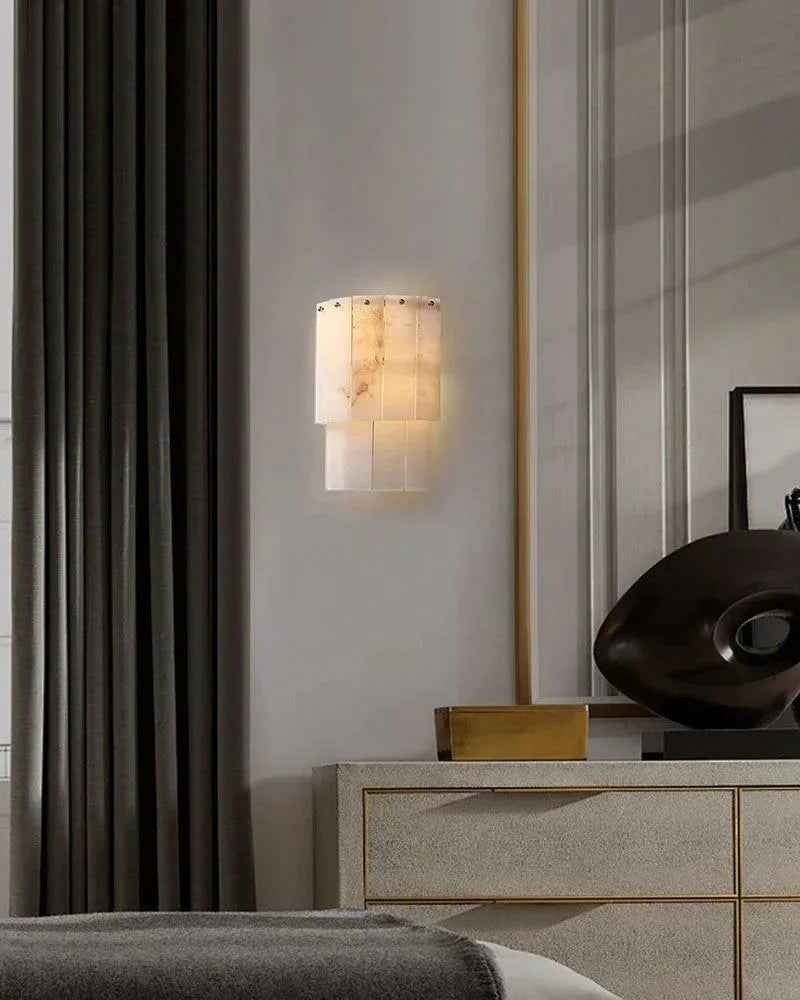 LightsStory Series Geometric Wall Light | Dual Layer Translucent Marble Panels with Brushed Brass Accents, Brushed Brass for Entryways and Bedrooms Flush Mounted Wall Sconce Lamp